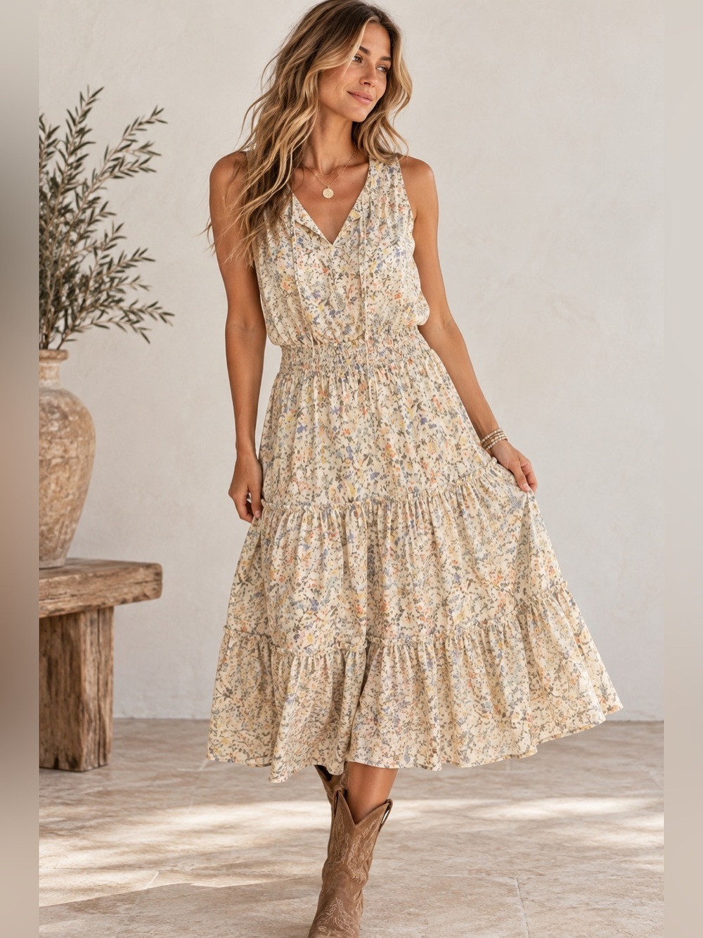 Lauren Ralph Lauren Floral Cottagecore Midi Dress Size 12 Cream Smocked Waist